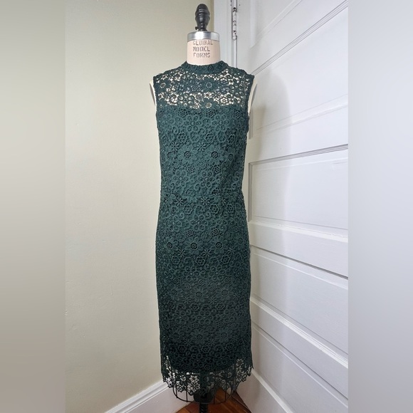MNG mango Green Lace Shift Dress Open Back S 4 Midi - Picture 1 of 8
